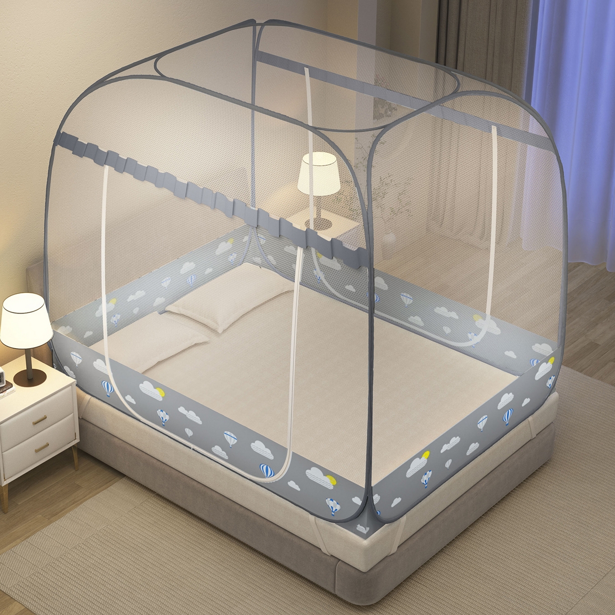 91家纺网 家纺一手货源 找家纺 佳梦家纺 2026新款双开门全底花边蚊帐 花边气球灰