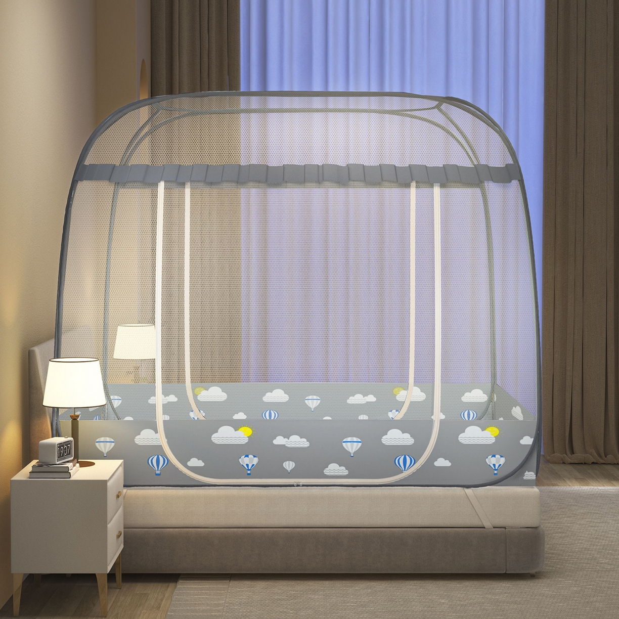 佳梦家纺 2026新款双开门全底花边蚊帐 花边气球灰