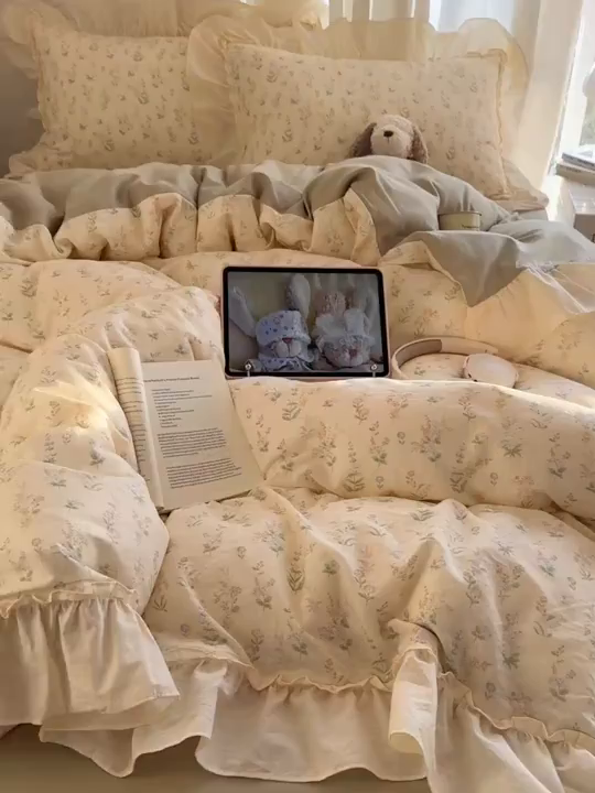 91家纺网 家纺一手货源 找家纺 （总）六巷胡同 2026新款韩系博主风花边款小碎花全棉双层纱四件套