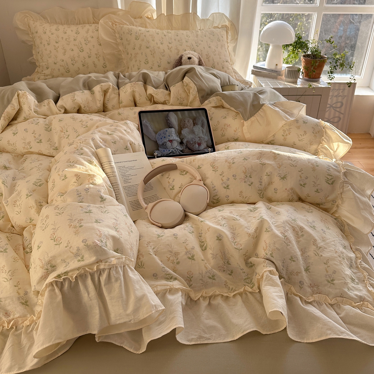 91家纺网 家纺一手货源 找家纺 （总）六巷胡同 2026新款韩系博主风花边款小碎花全棉双层纱四件套