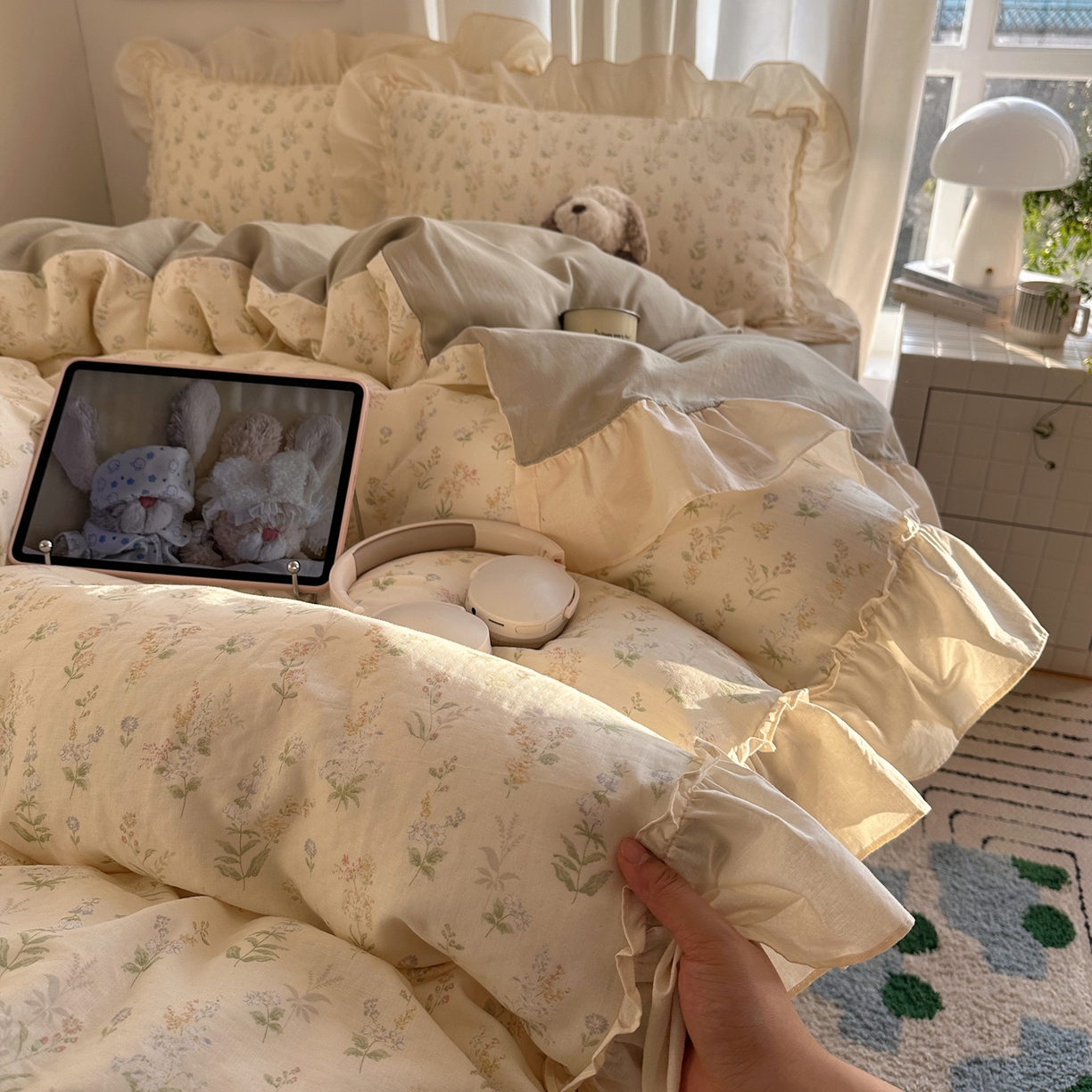 91家纺网 家纺一手货源 找家纺 （总）六巷胡同 2026新款韩系博主风花边款小碎花全棉双层纱四件套