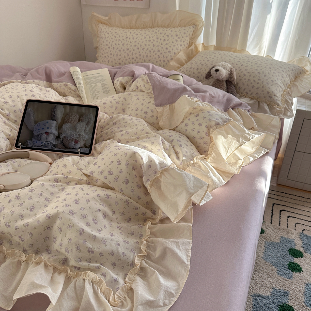 91家纺网 家纺一手货源 找家纺 （总）六巷胡同 2026新款韩系博主风花边款小碎花全棉双层纱四件套