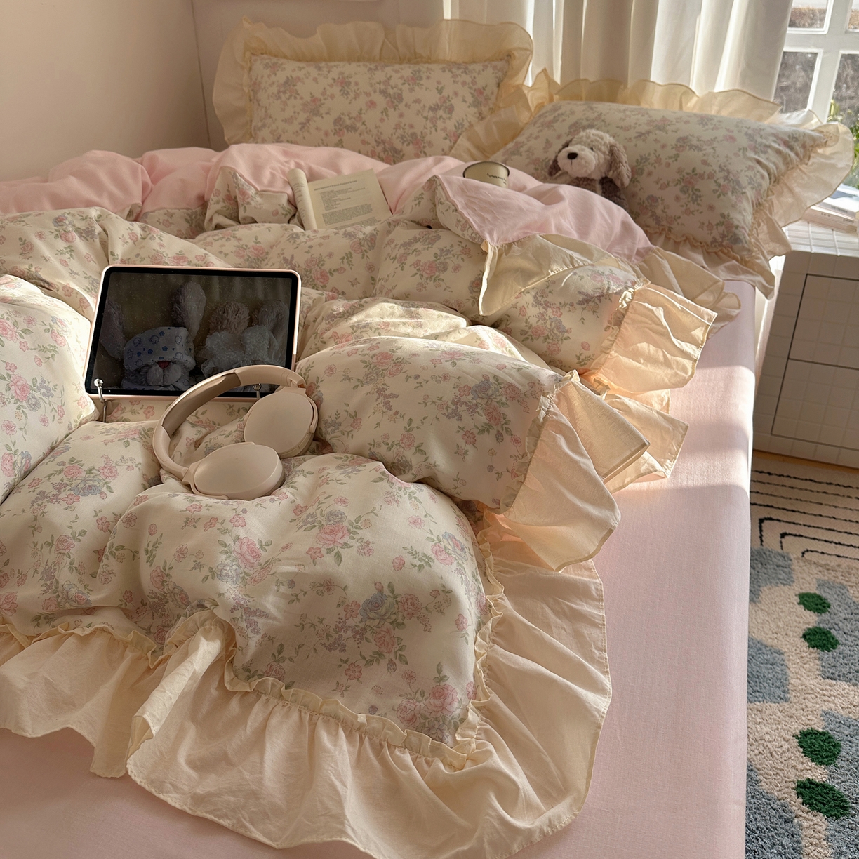 91家纺网 家纺一手货源 找家纺 （总）六巷胡同 2026新款韩系博主风花边款小碎花全棉双层纱四件套