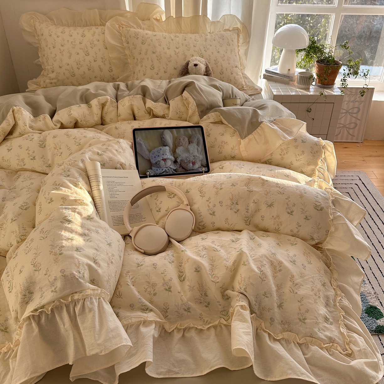 91家纺网 家纺一手货源 找家纺 六巷胡同 2026新款韩系博主风花边款小碎花全棉双层纱四件套 双层纱-雾漫山野