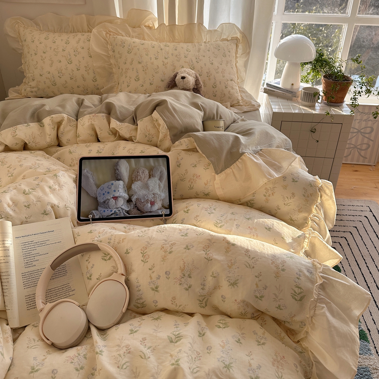 91家纺网 家纺一手货源 找家纺 六巷胡同 2026新款韩系博主风花边款小碎花全棉双层纱四件套 双层纱-雾漫山野