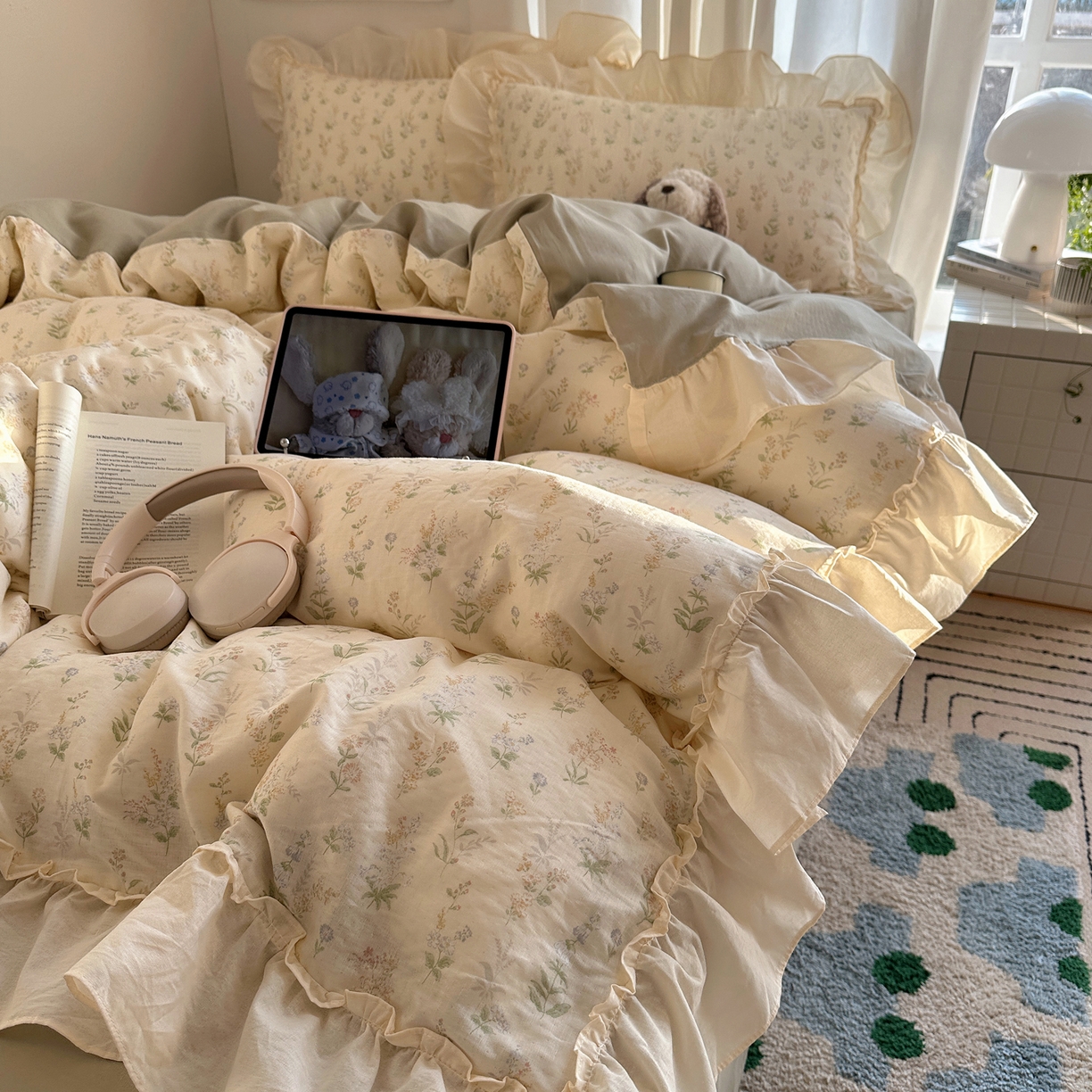 91家纺网 家纺一手货源 找家纺 六巷胡同 2026新款韩系博主风花边款小碎花全棉双层纱四件套 双层纱-雾漫山野