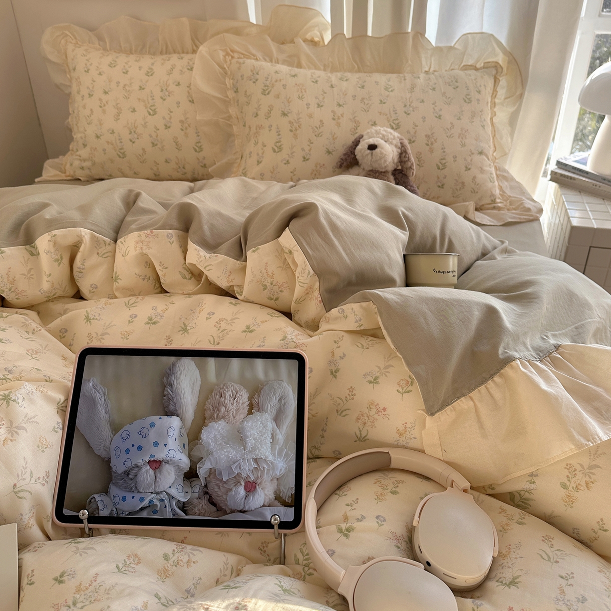 91家纺网 家纺一手货源 找家纺 六巷胡同 2026新款韩系博主风花边款小碎花全棉双层纱四件套 双层纱-雾漫山野