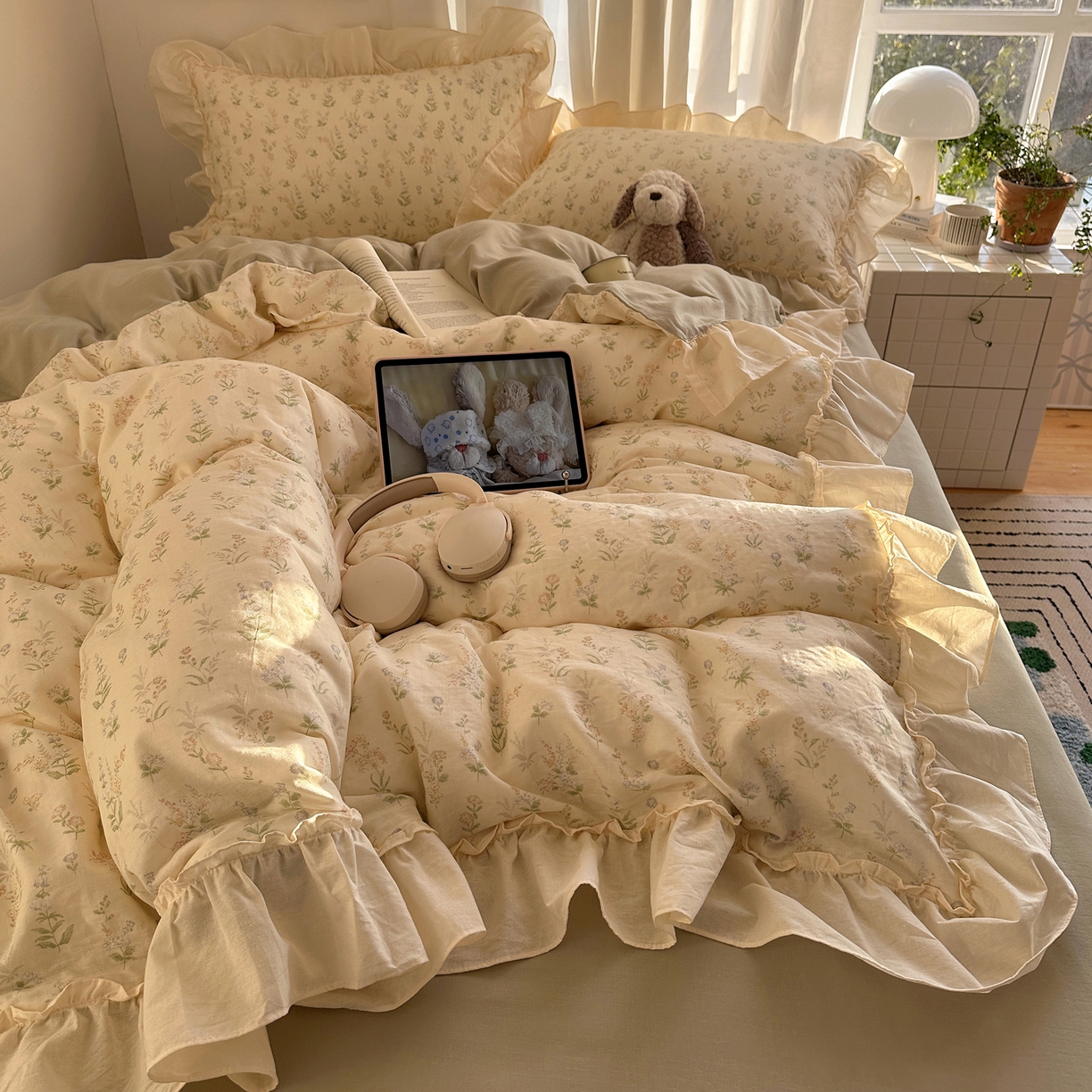 91家纺网 家纺一手货源 找家纺 六巷胡同 2026新款韩系博主风花边款小碎花全棉双层纱四件套 双层纱-雾漫山野