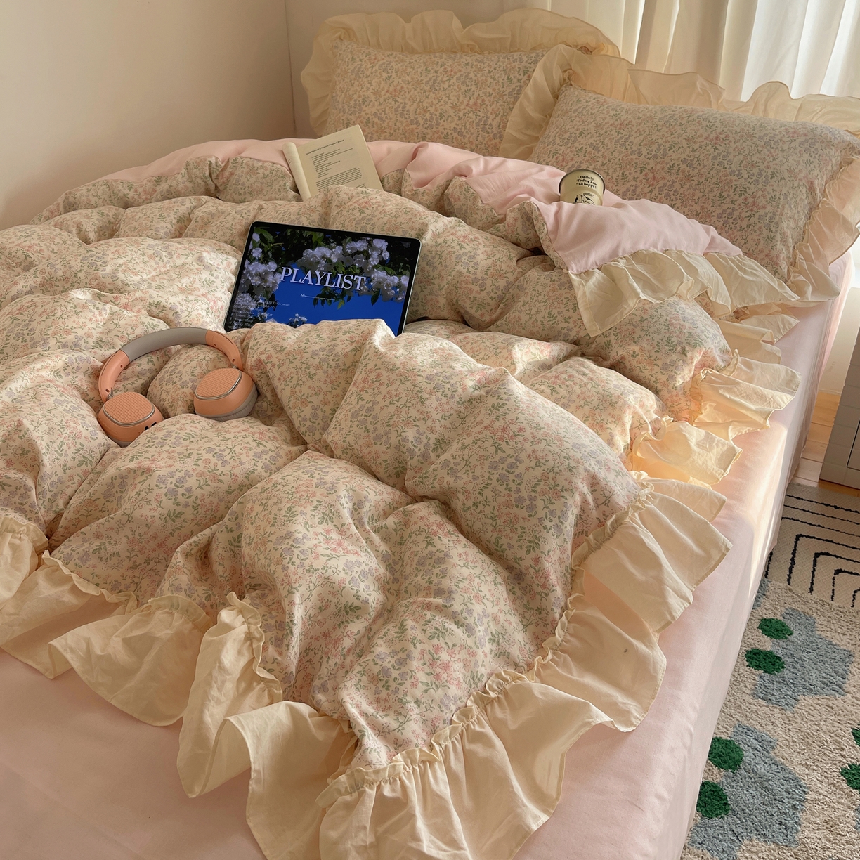 六巷胡同 2026新款韩系博主风花边款小碎花全棉双层纱四件套 双层纱-春不晚町