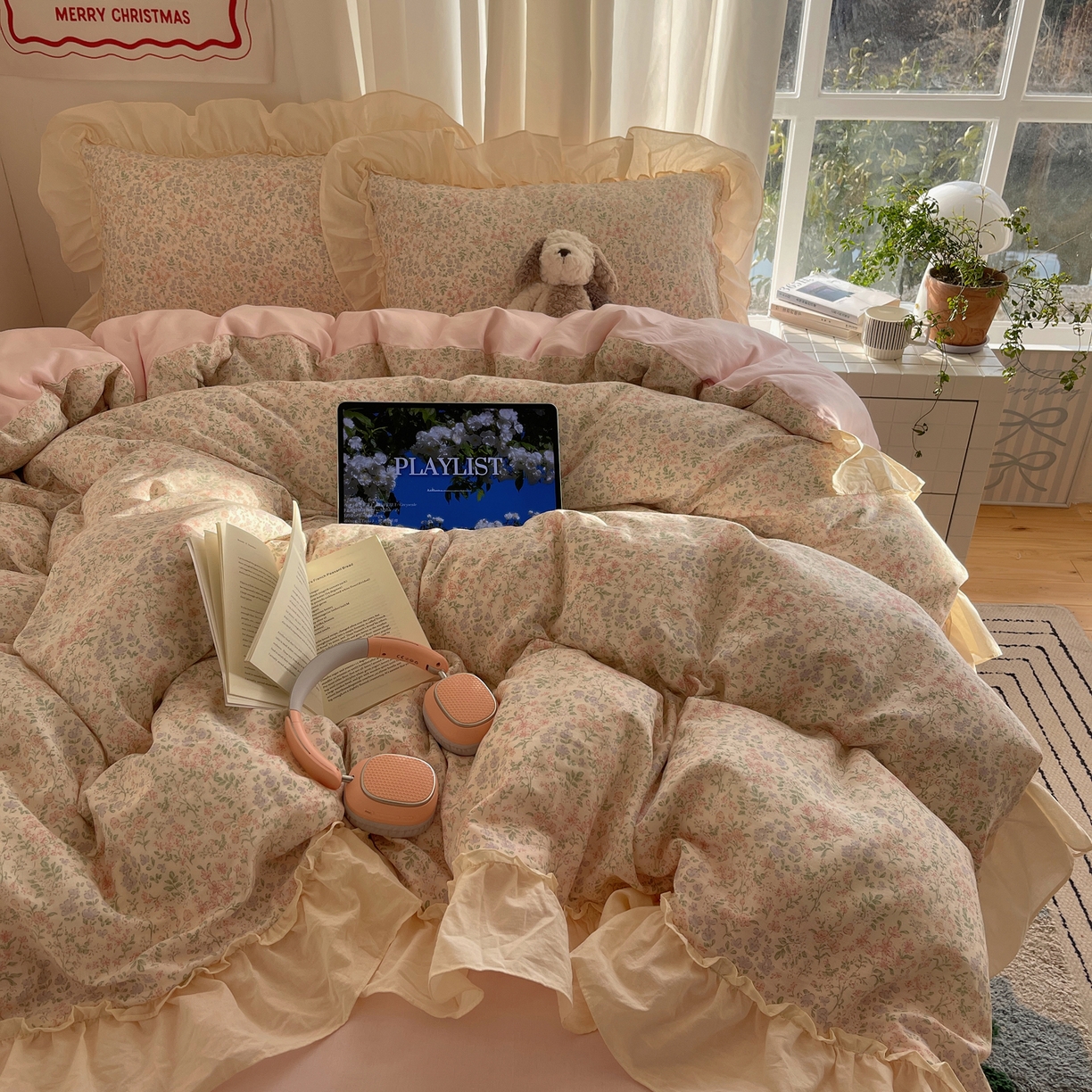 91家纺网 家纺一手货源 找家纺 六巷胡同 2026新款韩系博主风花边款小碎花全棉双层纱四件套 双层纱-春不晚町