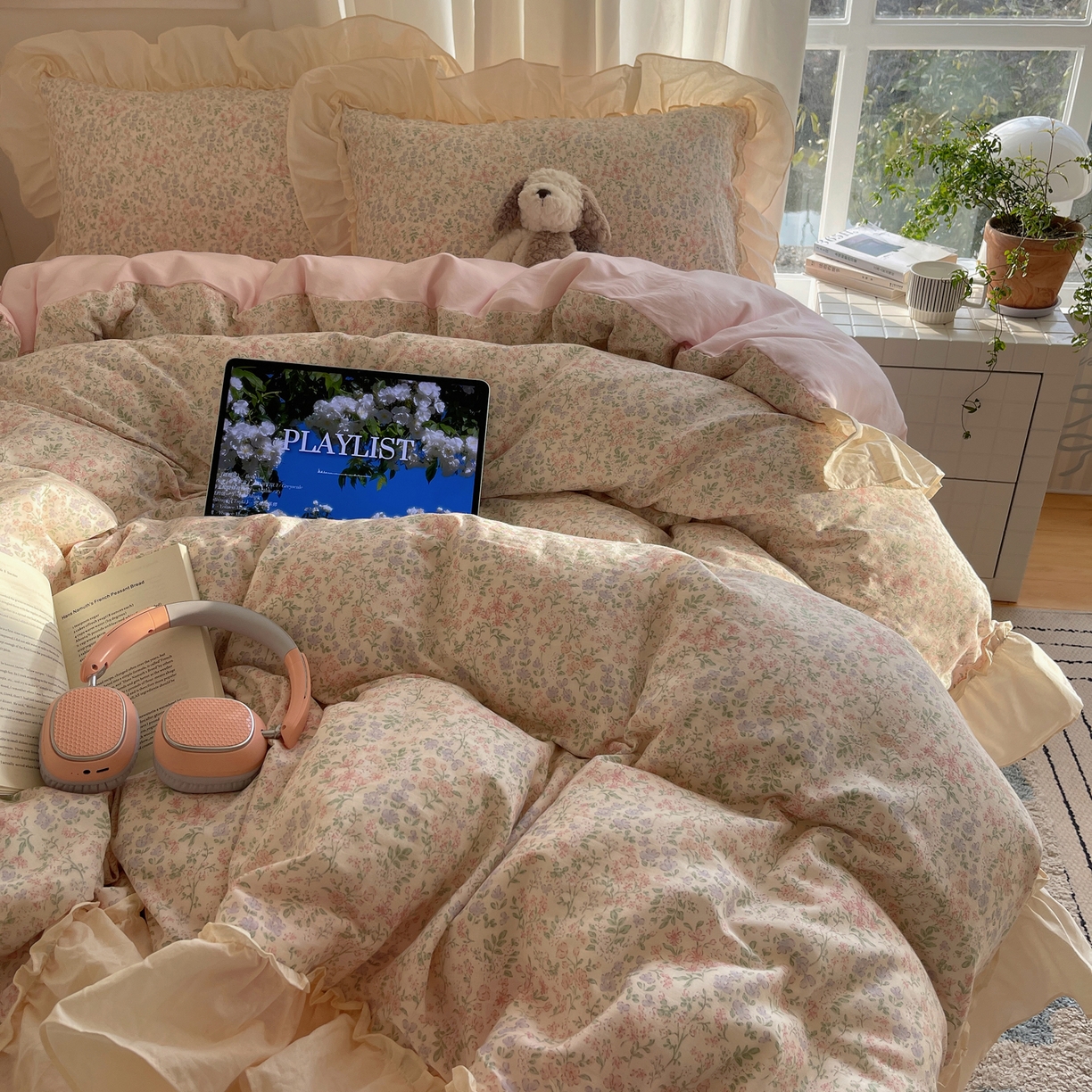 91家纺网 家纺一手货源 找家纺 六巷胡同 2026新款韩系博主风花边款小碎花全棉双层纱四件套 双层纱-春不晚町