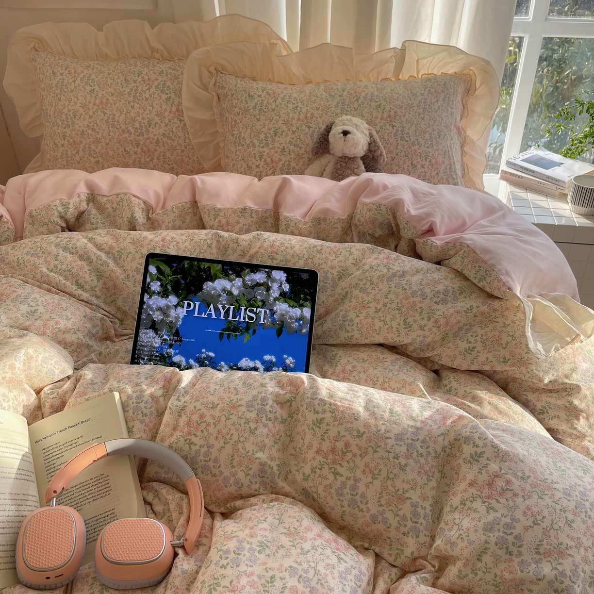 91家纺网 家纺一手货源 找家纺 六巷胡同 2026新款韩系博主风花边款小碎花全棉双层纱四件套 双层纱-春不晚町