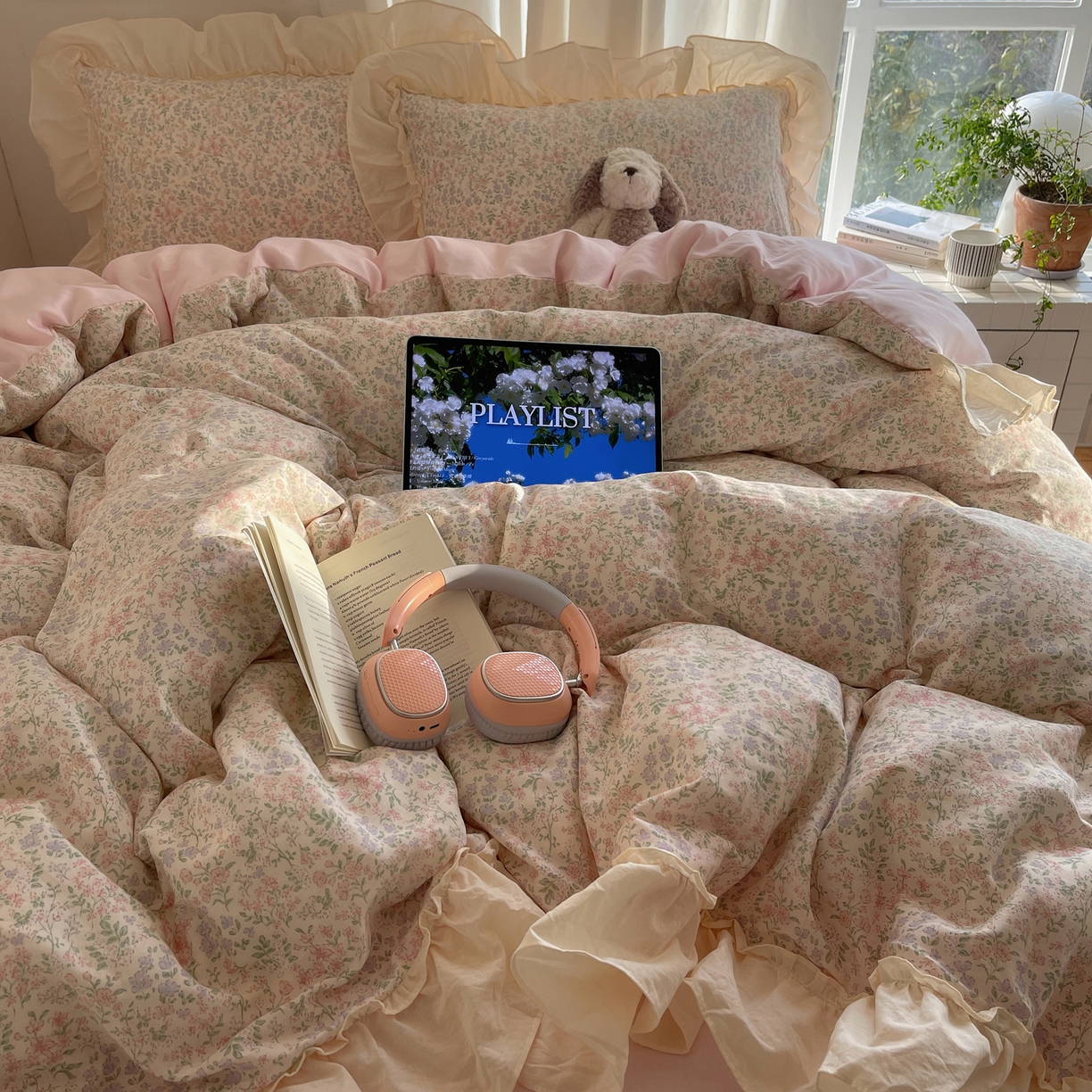 91家纺网 家纺一手货源 找家纺 六巷胡同 2026新款韩系博主风花边款小碎花全棉双层纱四件套 双层纱-春不晚町