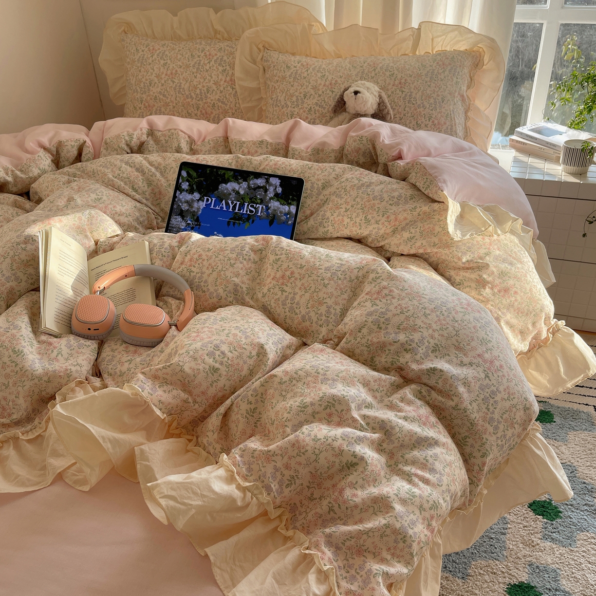 91家纺网 家纺一手货源 找家纺 六巷胡同 2026新款韩系博主风花边款小碎花全棉双层纱四件套 双层纱-春不晚町