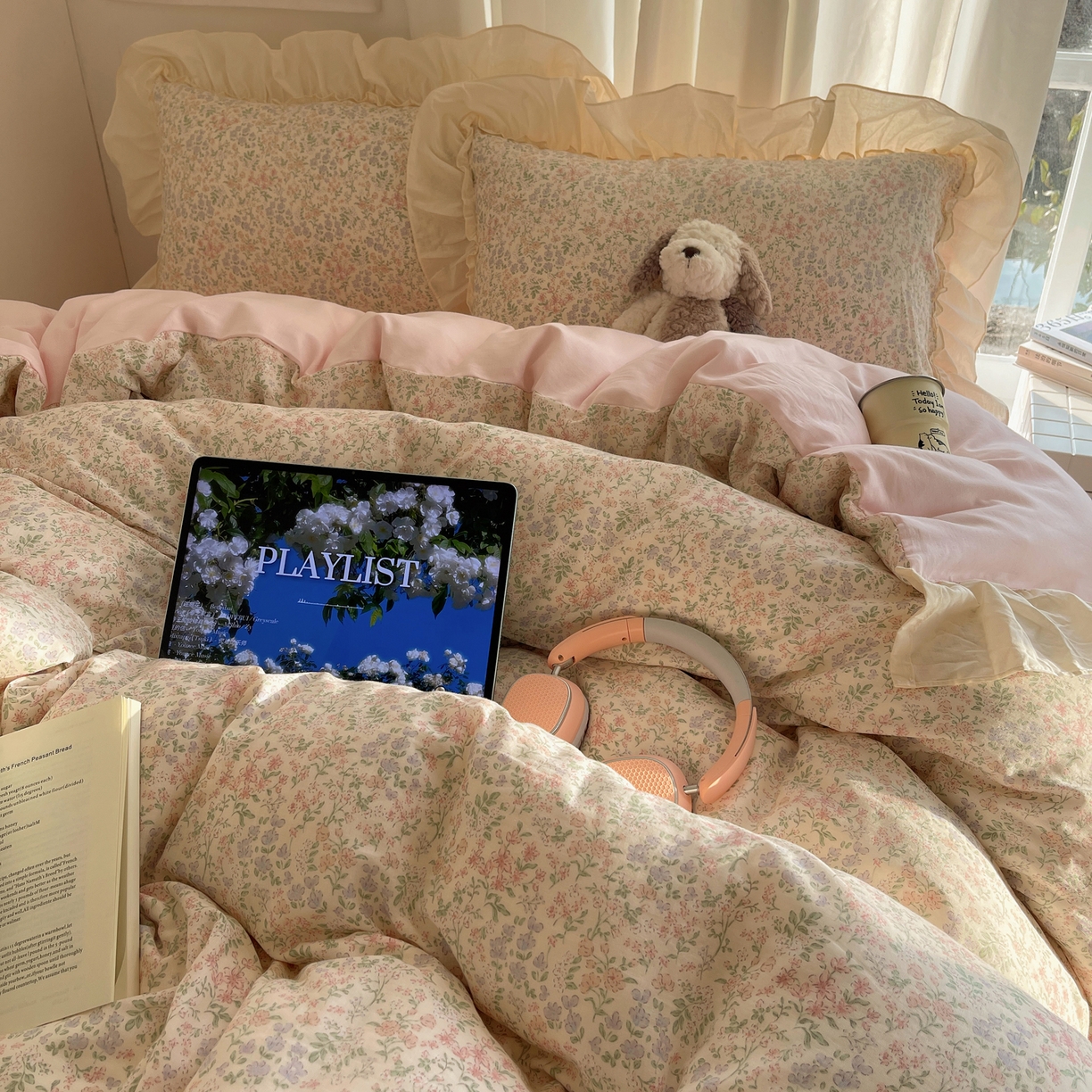 91家纺网 家纺一手货源 找家纺 六巷胡同 2026新款韩系博主风花边款小碎花全棉双层纱四件套 双层纱-春不晚町