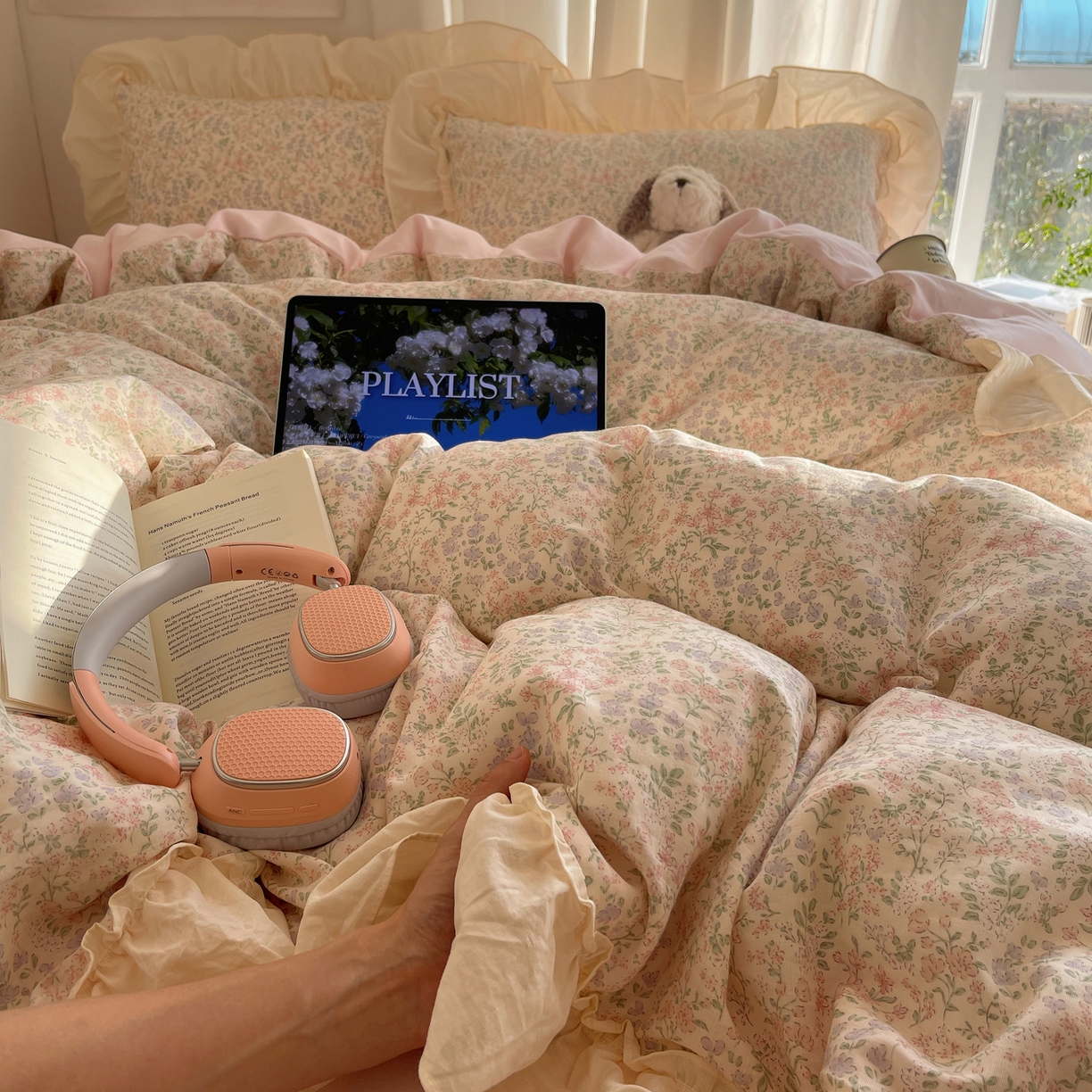 91家纺网 家纺一手货源 找家纺 六巷胡同 2026新款韩系博主风花边款小碎花全棉双层纱四件套 双层纱-春不晚町