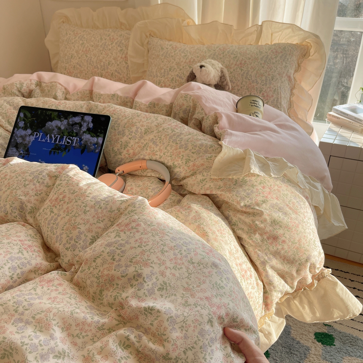 91家纺网 家纺一手货源 找家纺 六巷胡同 2026新款韩系博主风花边款小碎花全棉双层纱四件套 双层纱-春不晚町