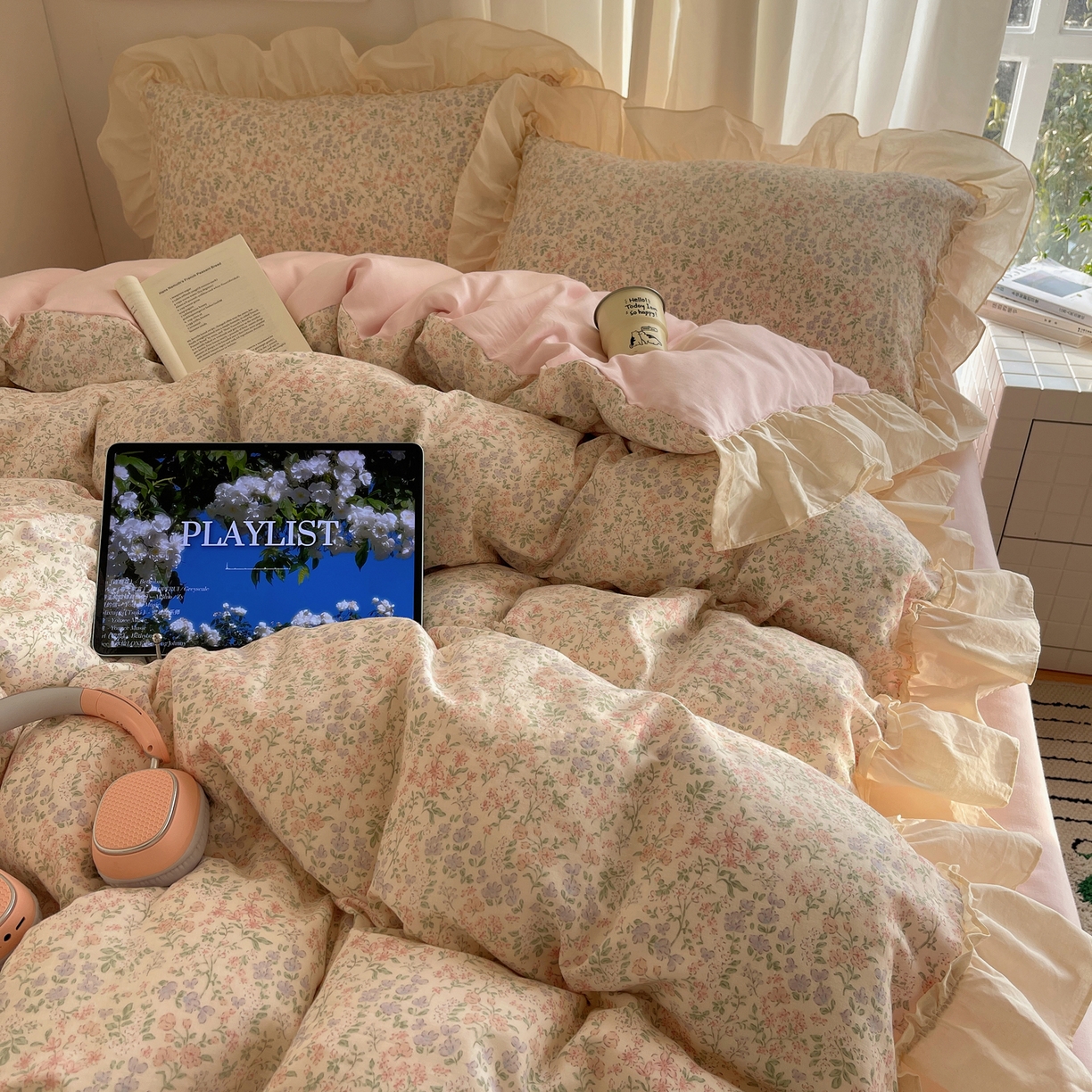 91家纺网 家纺一手货源 找家纺 六巷胡同 2026新款韩系博主风花边款小碎花全棉双层纱四件套 双层纱-春不晚町