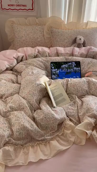 91家纺网 家纺一手货源 找家纺 六巷胡同 2026新款韩系博主风花边款小碎花全棉双层纱四件套 双层纱-春不晚町