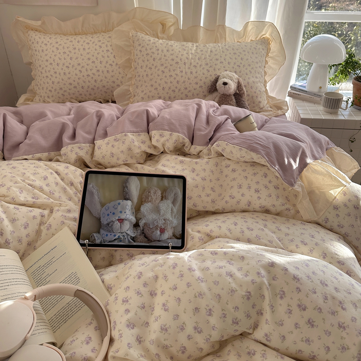 91家纺网 家纺一手货源 找家纺 六巷胡同 2026新款韩系博主风花边款小碎花全棉双层纱四件套 双层纱-椿日花岛