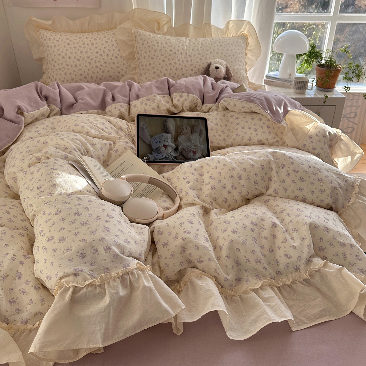 91家纺网 家纺一手货源 找家纺 六巷胡同 2026新款韩系博主风花边款小碎花全棉双层纱四件套 双层纱-椿日花岛