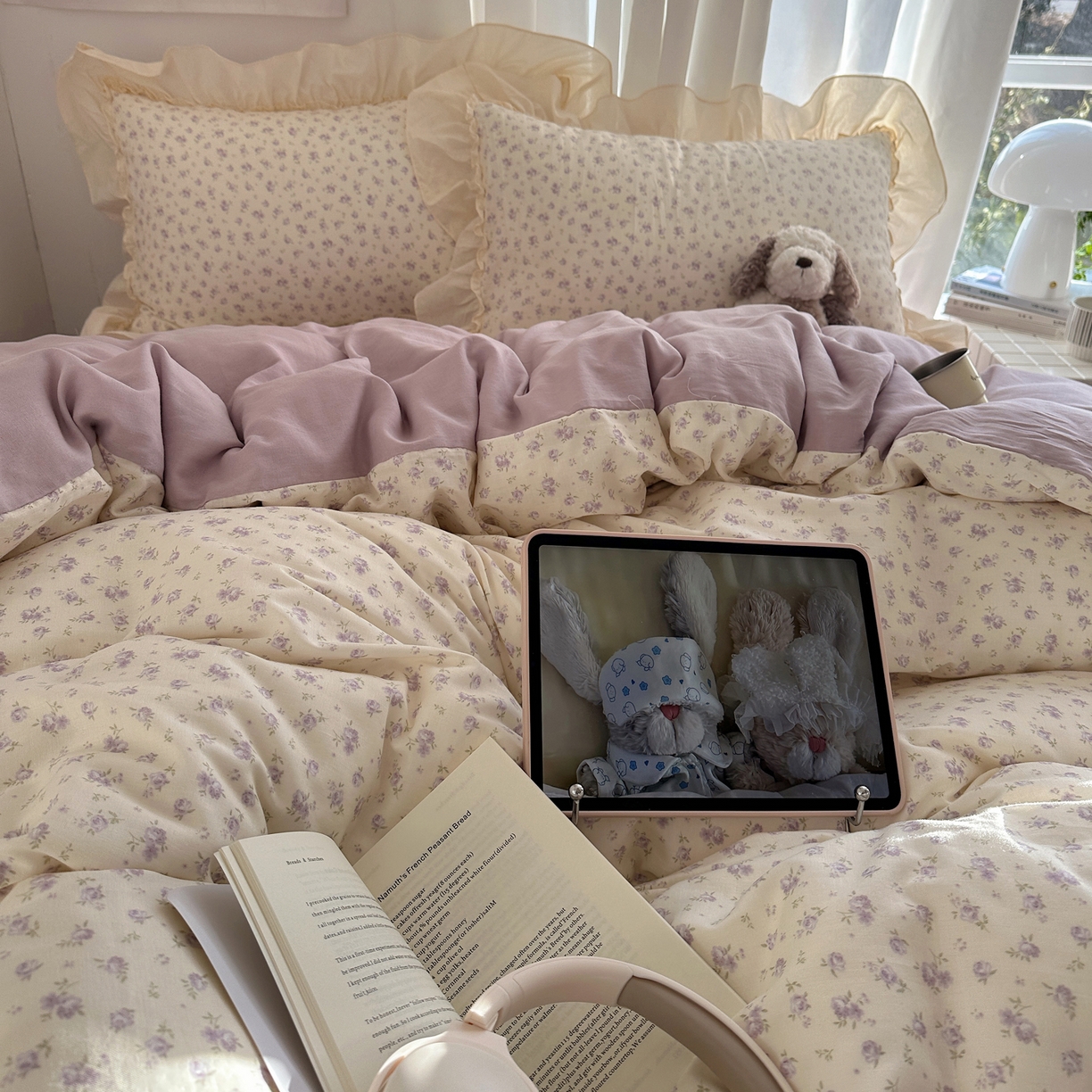 91家纺网 家纺一手货源 找家纺 六巷胡同 2026新款韩系博主风花边款小碎花全棉双层纱四件套 双层纱-椿日花岛