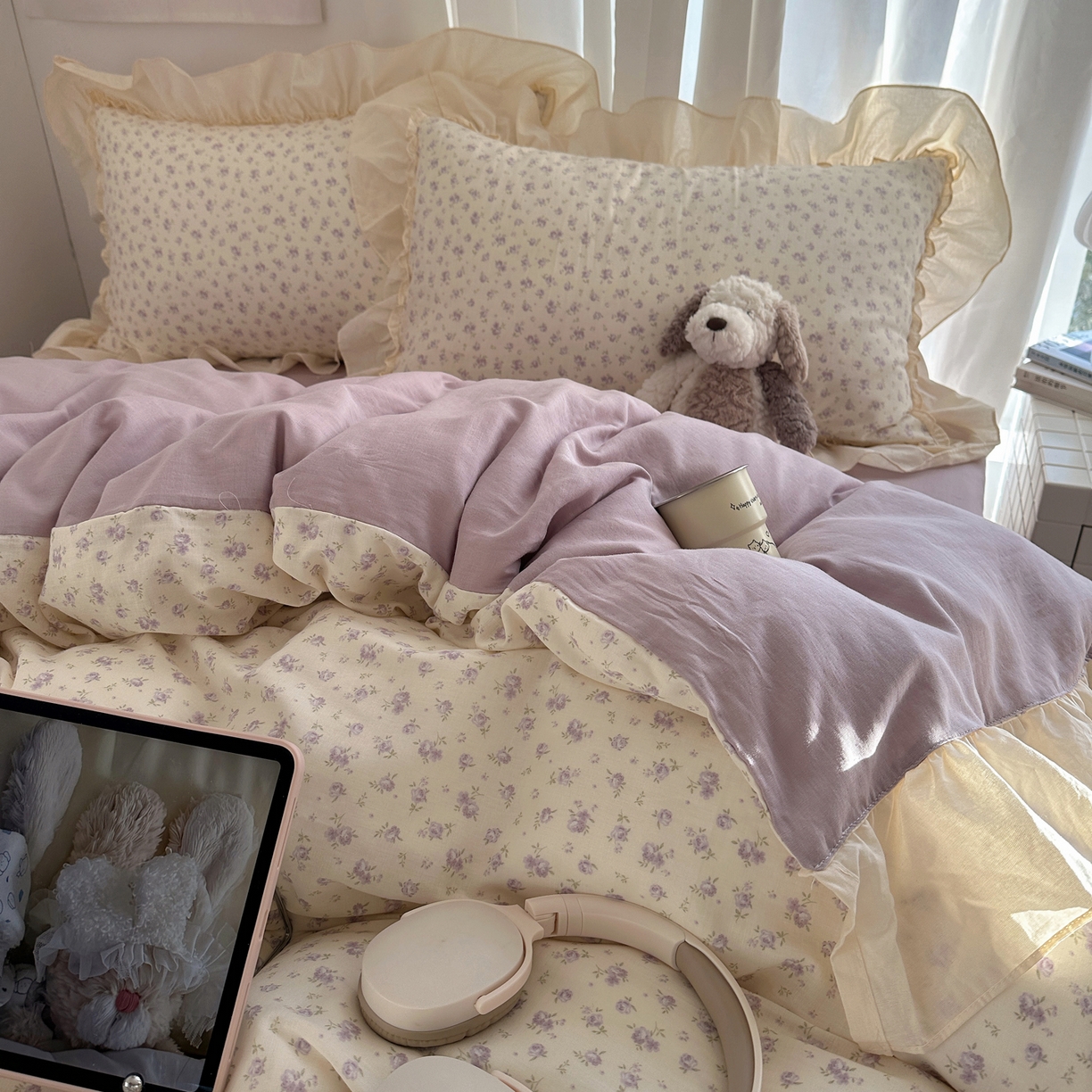 91家纺网 家纺一手货源 找家纺 六巷胡同 2026新款韩系博主风花边款小碎花全棉双层纱四件套 双层纱-椿日花岛