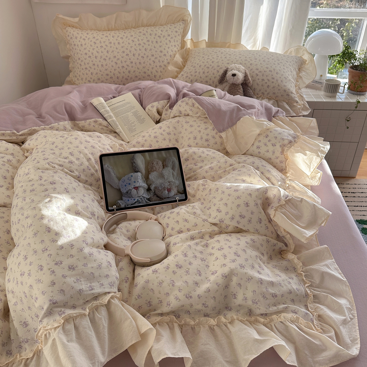 91家纺网 家纺一手货源 找家纺 六巷胡同 2026新款韩系博主风花边款小碎花全棉双层纱四件套 双层纱-椿日花岛