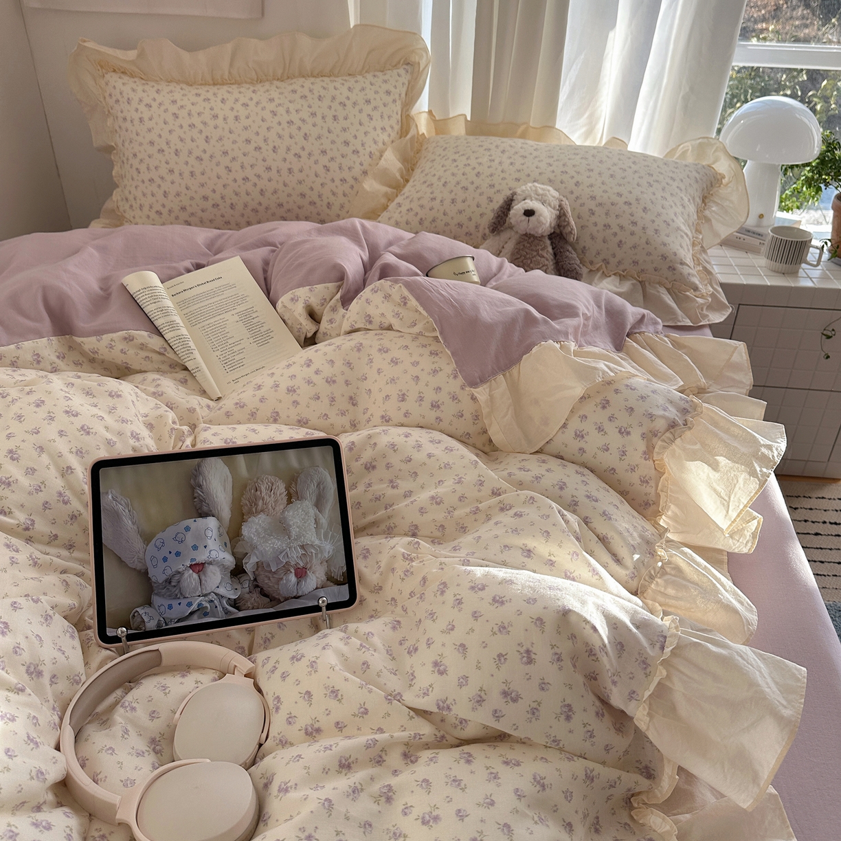 91家纺网 家纺一手货源 找家纺 六巷胡同 2026新款韩系博主风花边款小碎花全棉双层纱四件套 双层纱-椿日花岛