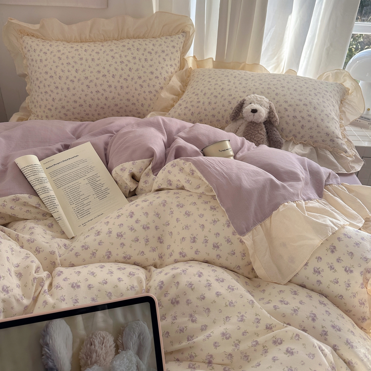 91家纺网 家纺一手货源 找家纺 六巷胡同 2026新款韩系博主风花边款小碎花全棉双层纱四件套 双层纱-椿日花岛