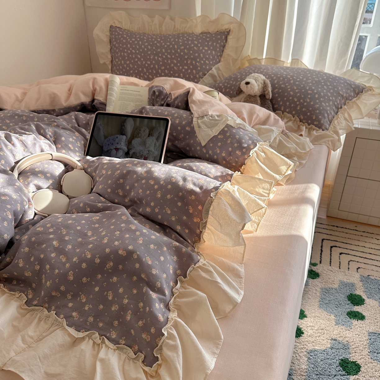 六巷胡同 2026新款韩系博主风花边款小碎花全棉双层纱四件套 双层纱-风眠花信