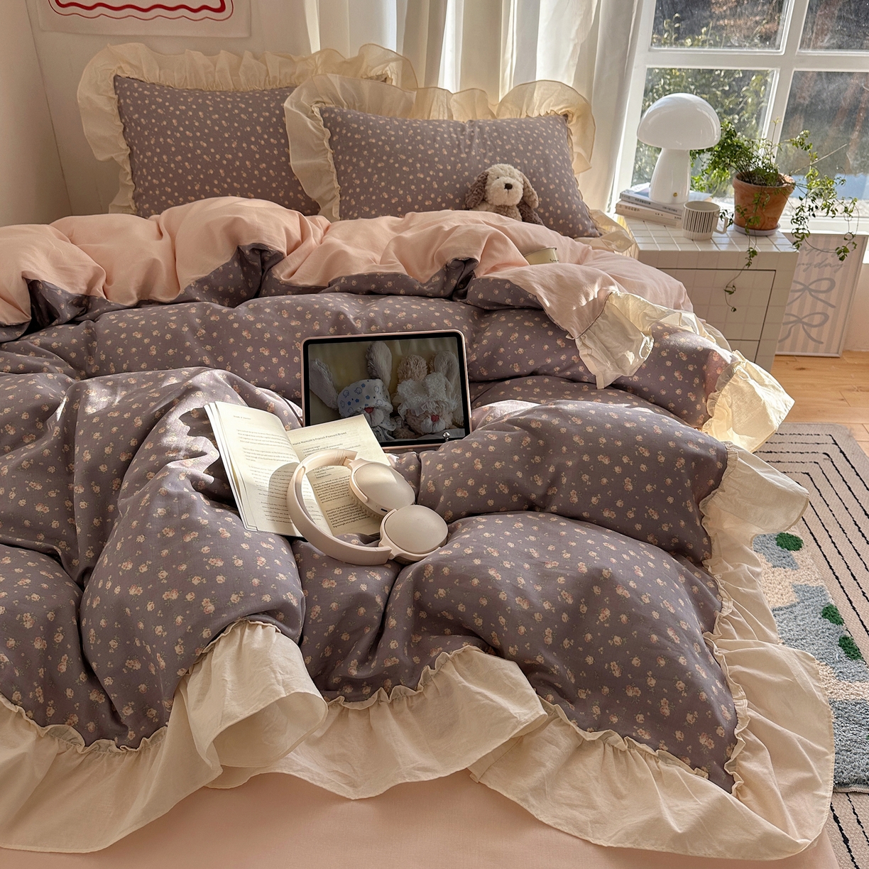 91家纺网 家纺一手货源 找家纺 六巷胡同 2026新款韩系博主风花边款小碎花全棉双层纱四件套 双层纱-风眠花信