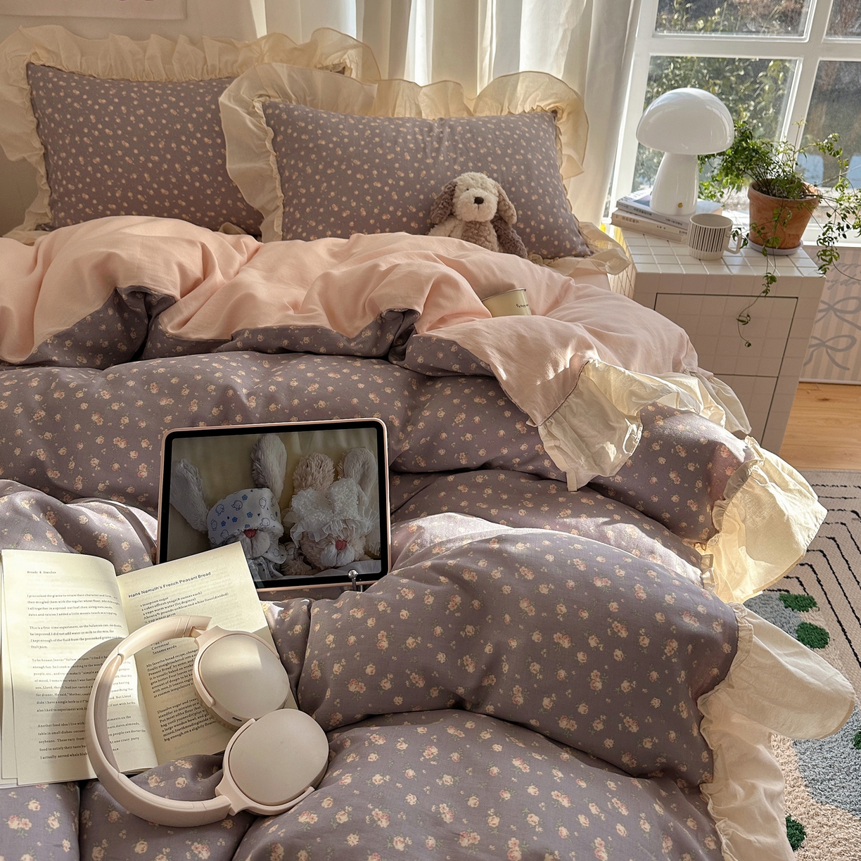 91家纺网 家纺一手货源 找家纺 六巷胡同 2026新款韩系博主风花边款小碎花全棉双层纱四件套 双层纱-风眠花信