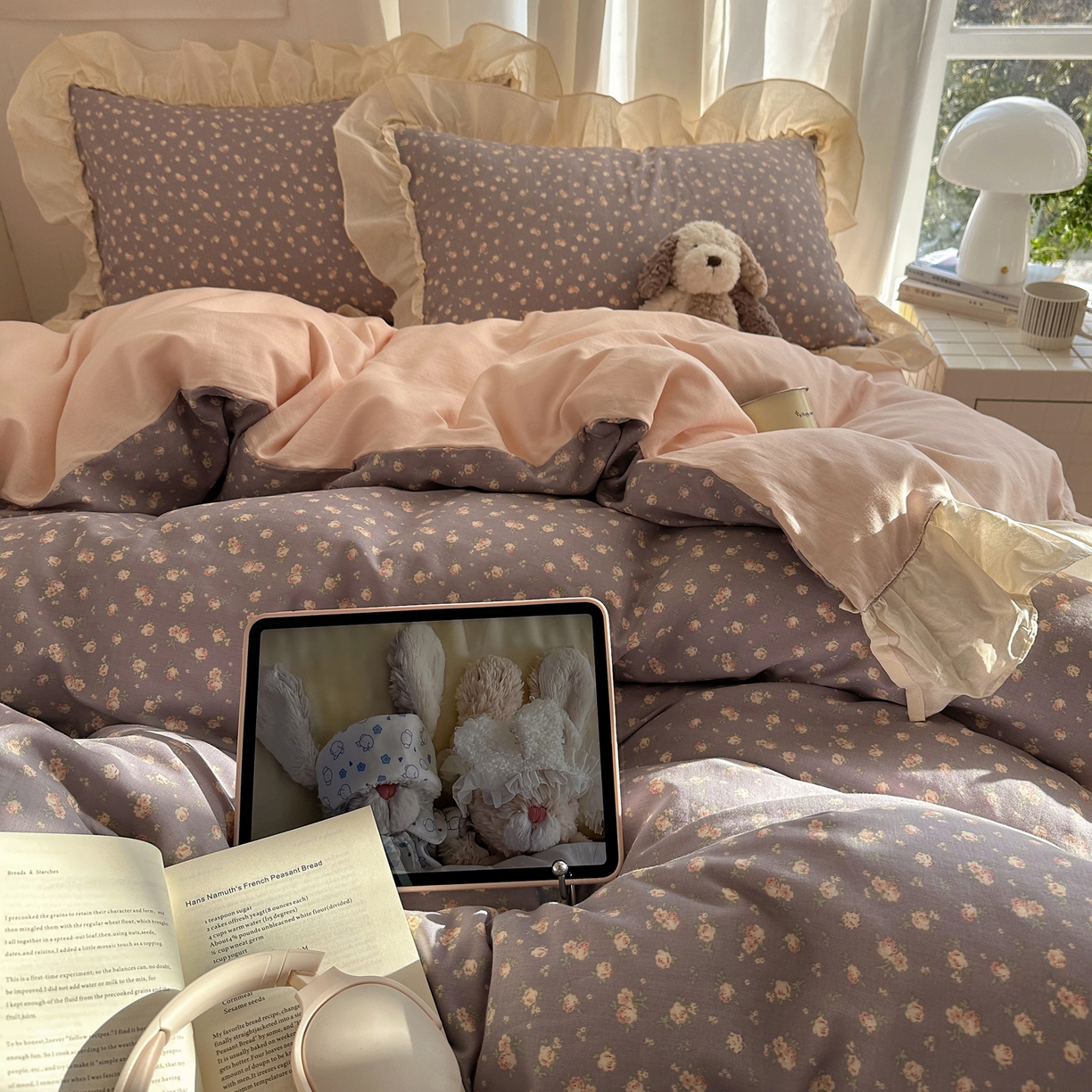 91家纺网 家纺一手货源 找家纺 六巷胡同 2026新款韩系博主风花边款小碎花全棉双层纱四件套 双层纱-风眠花信