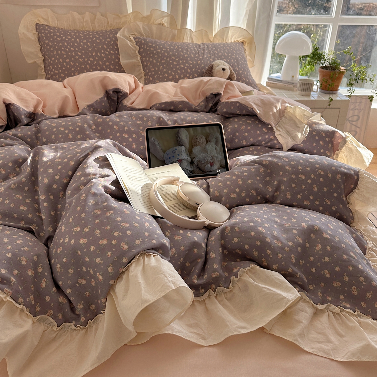 91家纺网 家纺一手货源 找家纺 六巷胡同 2026新款韩系博主风花边款小碎花全棉双层纱四件套 双层纱-风眠花信