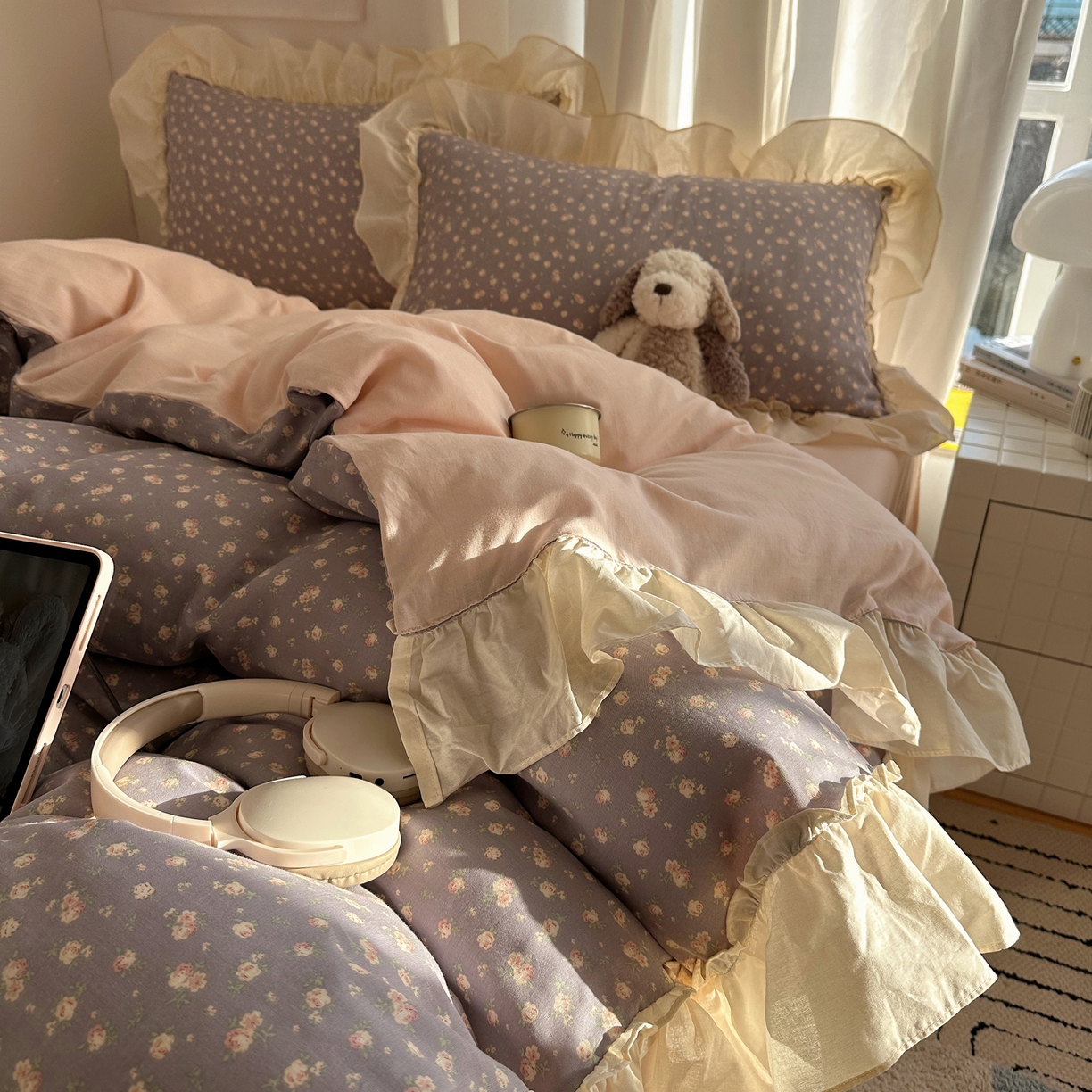 91家纺网 家纺一手货源 找家纺 六巷胡同 2026新款韩系博主风花边款小碎花全棉双层纱四件套 双层纱-风眠花信