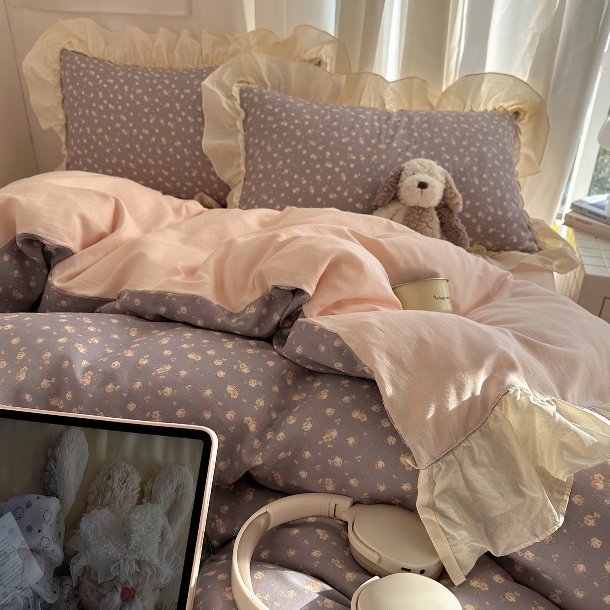 91家纺网 家纺一手货源 找家纺 六巷胡同 2026新款韩系博主风花边款小碎花全棉双层纱四件套 双层纱-风眠花信