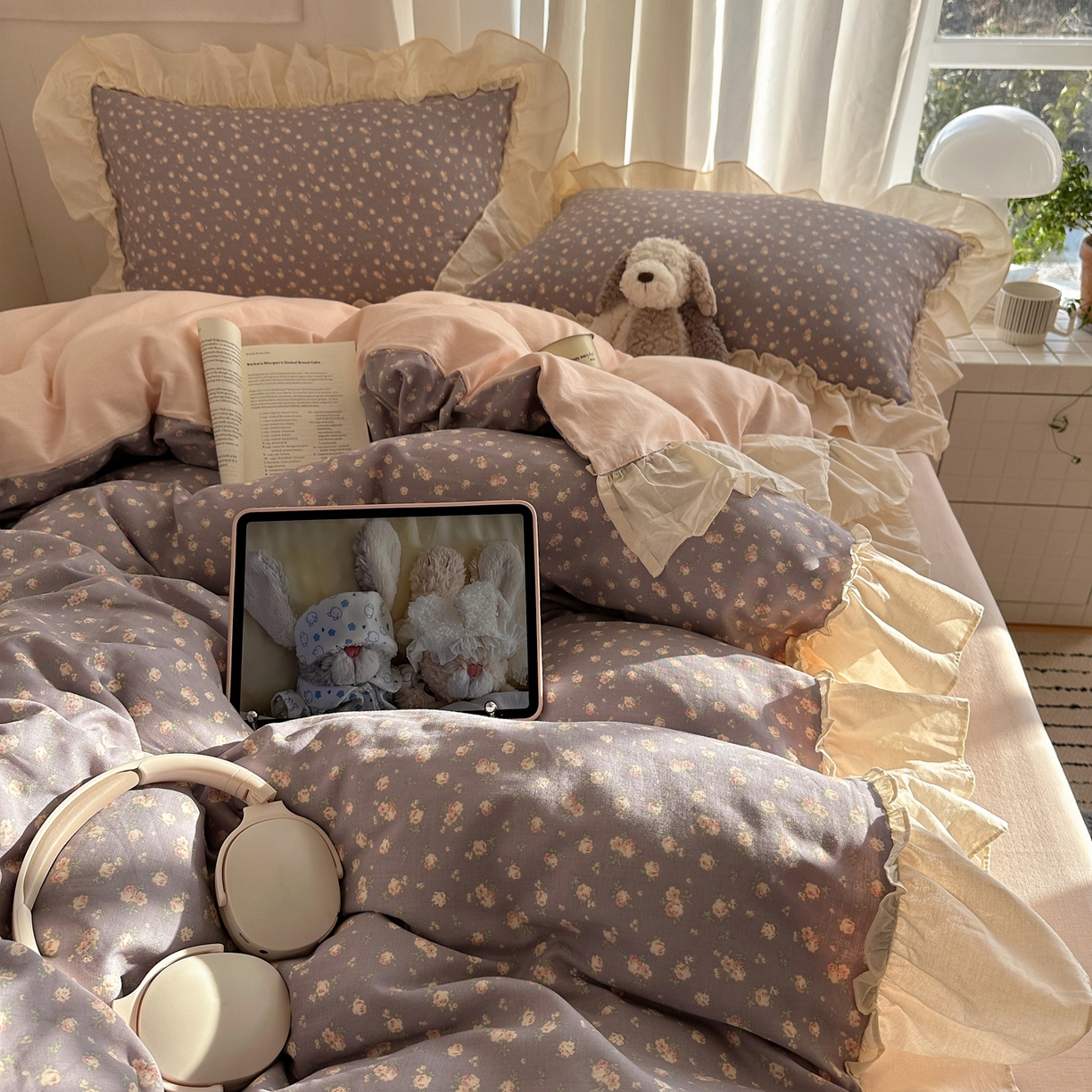 91家纺网 家纺一手货源 找家纺 六巷胡同 2026新款韩系博主风花边款小碎花全棉双层纱四件套 双层纱-风眠花信