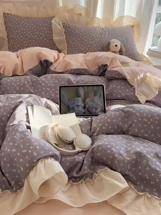 91家纺网 家纺一手货源 找家纺 六巷胡同 2026新款韩系博主风花边款小碎花全棉双层纱四件套 双层纱-风眠花信