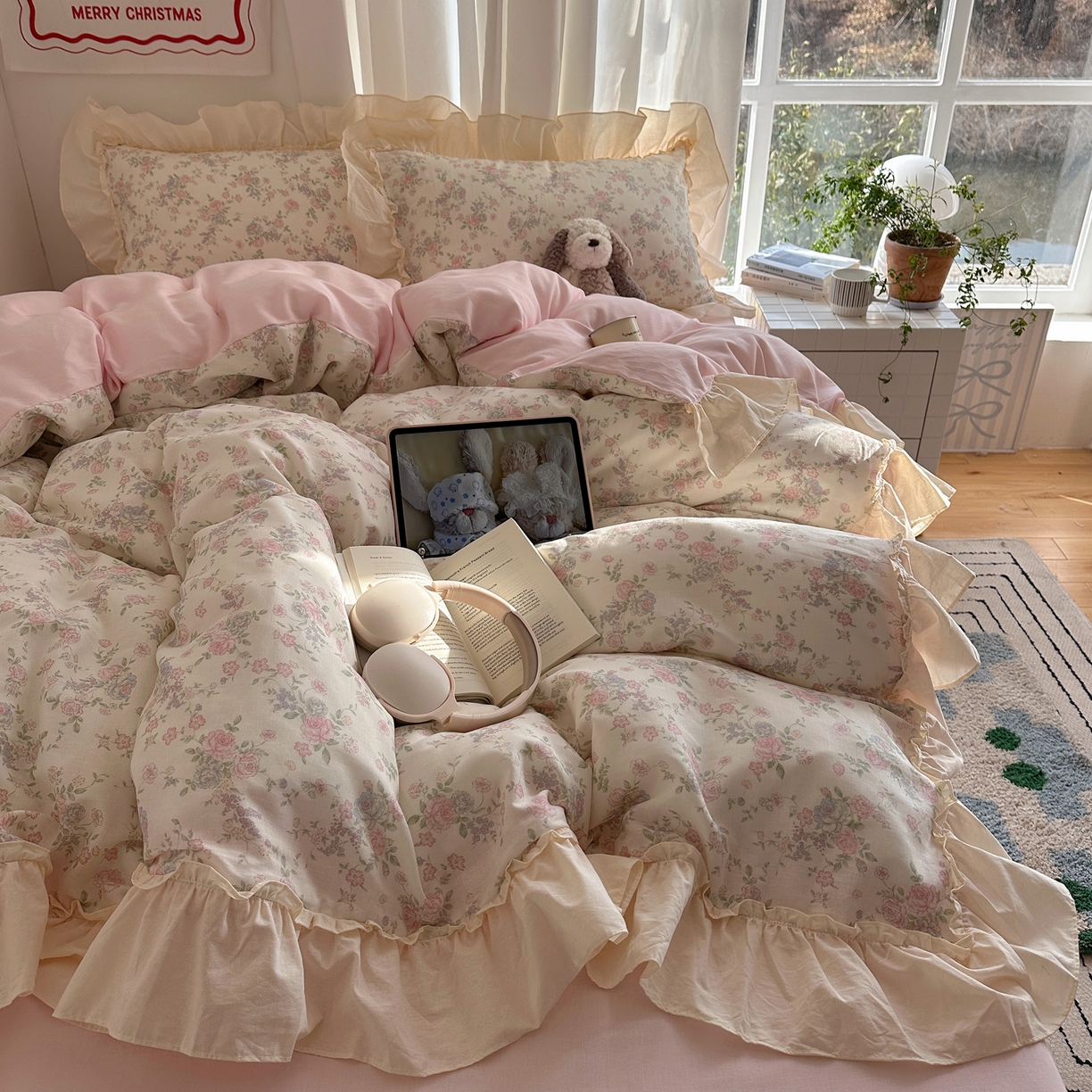 91家纺网 家纺一手货源 找家纺 六巷胡同 2026新款韩系博主风花边款小碎花全棉双层纱四件套 双层纱-山茶不芜