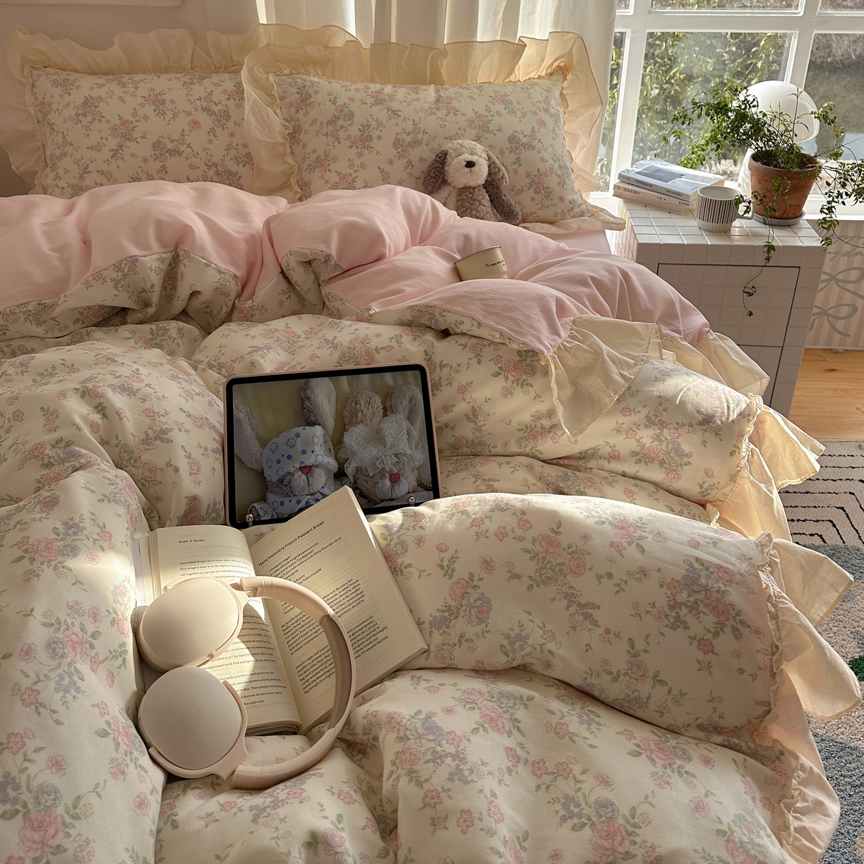 91家纺网 家纺一手货源 找家纺 六巷胡同 2026新款韩系博主风花边款小碎花全棉双层纱四件套 双层纱-山茶不芜