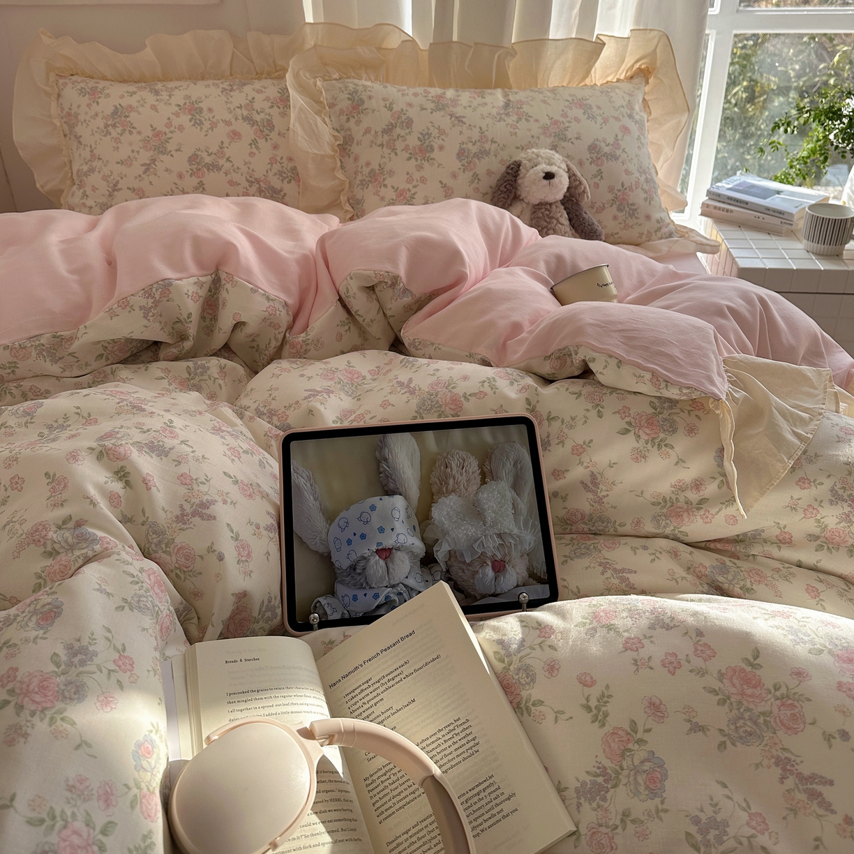 91家纺网 家纺一手货源 找家纺 六巷胡同 2026新款韩系博主风花边款小碎花全棉双层纱四件套 双层纱-山茶不芜