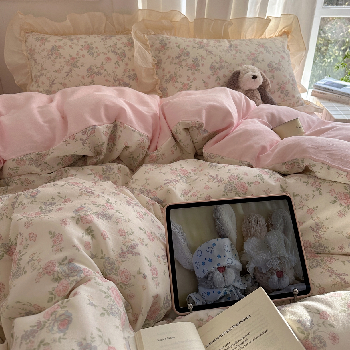 91家纺网 家纺一手货源 找家纺 六巷胡同 2026新款韩系博主风花边款小碎花全棉双层纱四件套 双层纱-山茶不芜