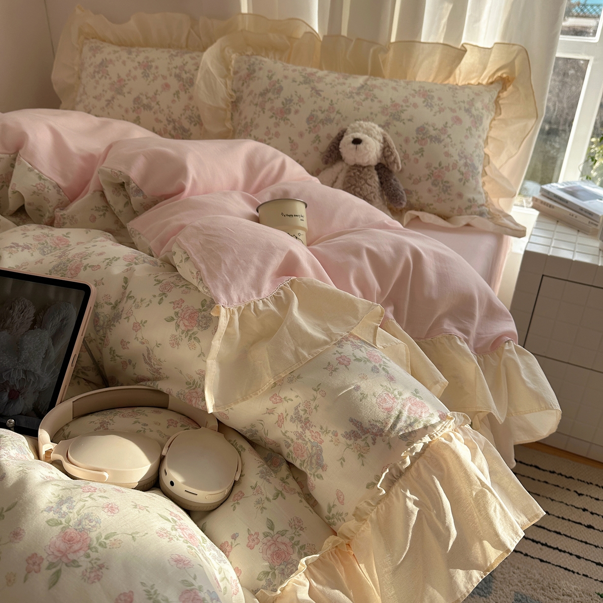 91家纺网 家纺一手货源 找家纺 六巷胡同 2026新款韩系博主风花边款小碎花全棉双层纱四件套 双层纱-山茶不芜