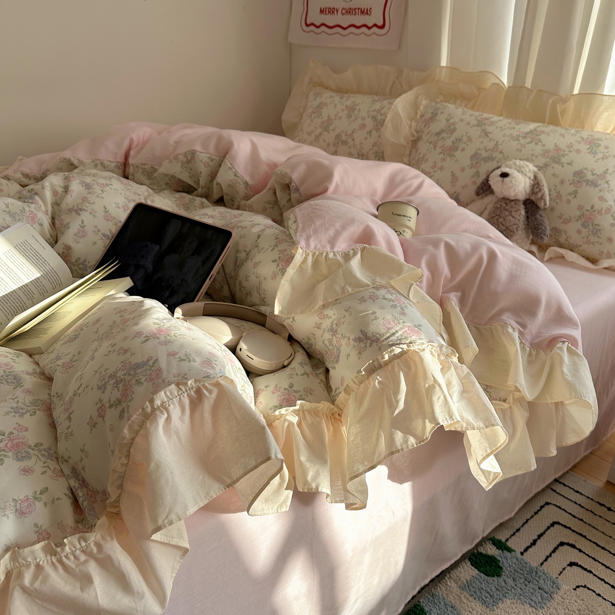 91家纺网 家纺一手货源 找家纺 六巷胡同 2026新款韩系博主风花边款小碎花全棉双层纱四件套 双层纱-山茶不芜