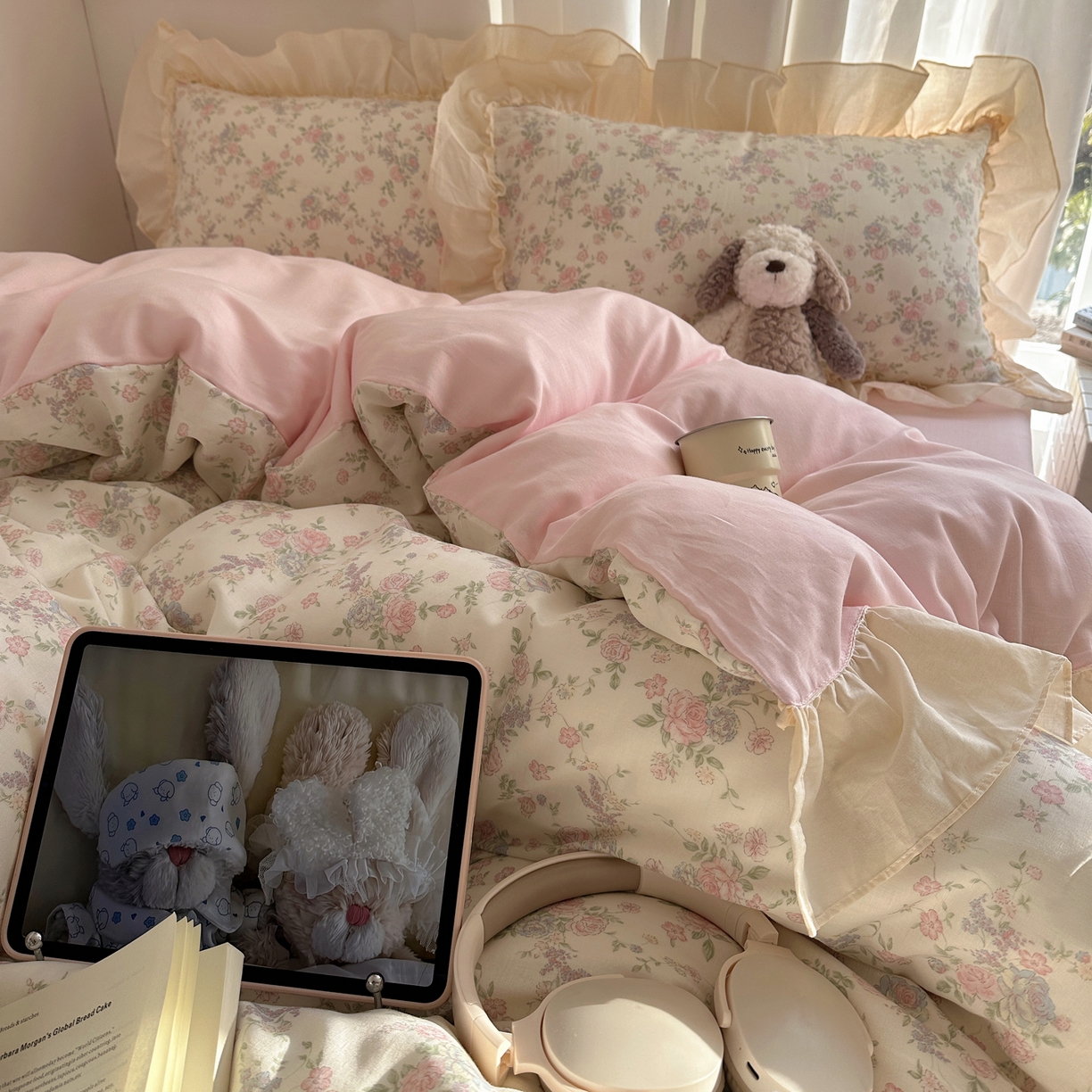 91家纺网 家纺一手货源 找家纺 六巷胡同 2026新款韩系博主风花边款小碎花全棉双层纱四件套 双层纱-山茶不芜