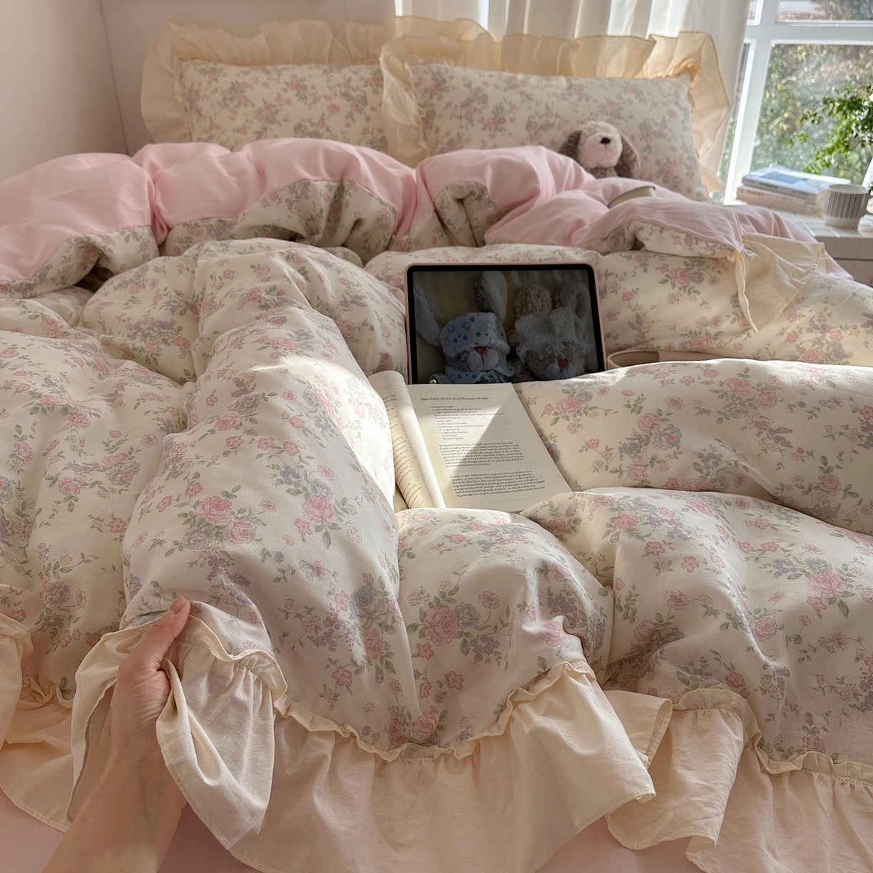 91家纺网 家纺一手货源 找家纺 六巷胡同 2026新款韩系博主风花边款小碎花全棉双层纱四件套 双层纱-山茶不芜