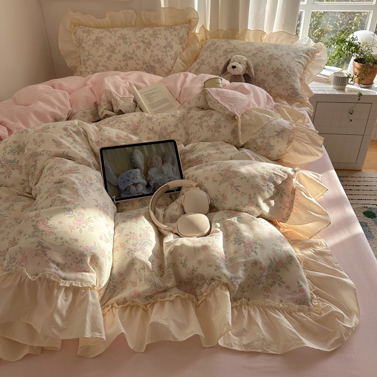 91家纺网 家纺一手货源 找家纺 六巷胡同 2026新款韩系博主风花边款小碎花全棉双层纱四件套 双层纱-山茶不芜