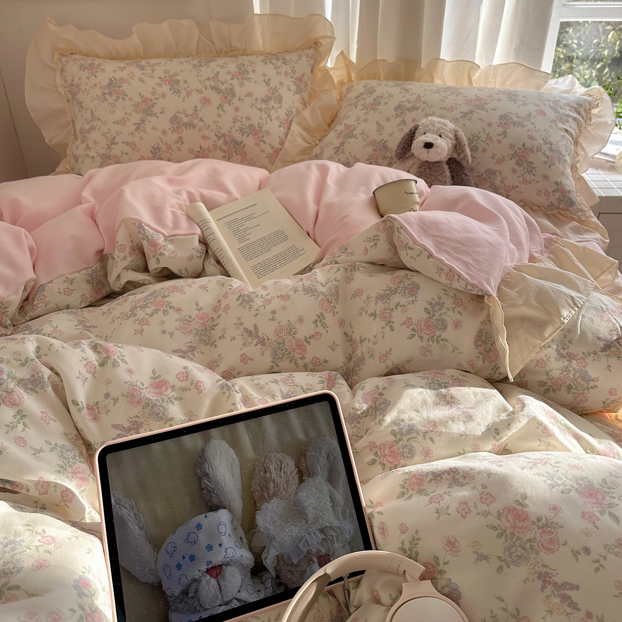 91家纺网 家纺一手货源 找家纺 六巷胡同 2026新款韩系博主风花边款小碎花全棉双层纱四件套 双层纱-山茶不芜