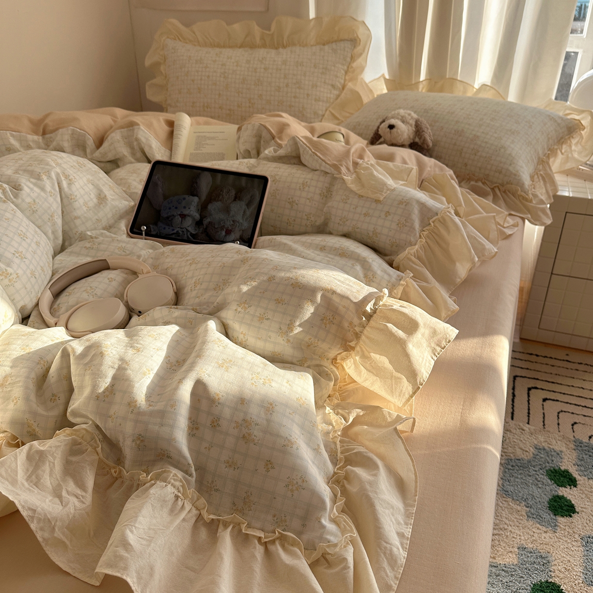 六巷胡同 2026新款韩系博主风花边款小碎花全棉双层纱四件套 双层纱-山岛野桂